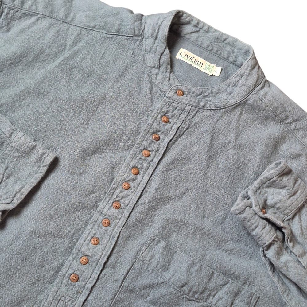 Civilian Men's Large Sage Green Grandfather Shirt Band Collar Cotton Flax